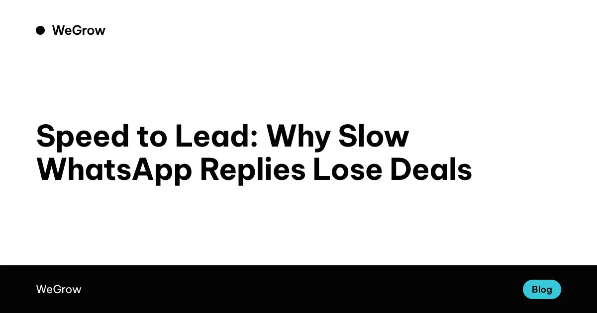 Cover of the article "Speed to Lead: Why Slow WhatsApp Replies Lose Deals", with the title set in WeGrow's brand colors